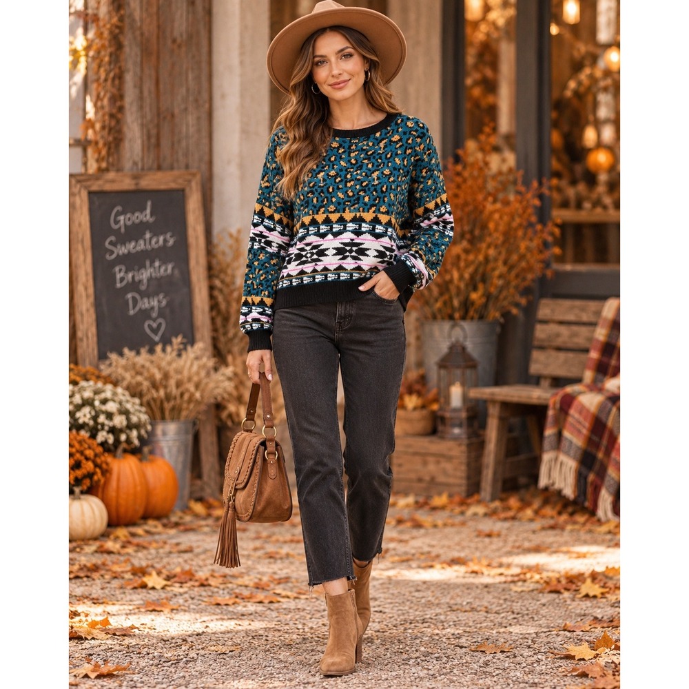 Wrangler Retro Women's Large Teal Leopard Aztec Western Boho Knit Sweater